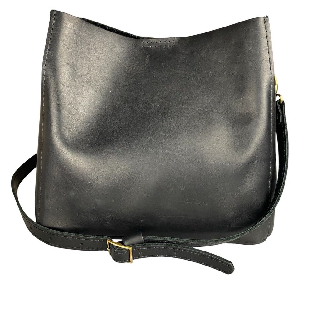 Portland Leather Goods Butterfly Bucket Bag Smooth Black Leather Crossbody Purse